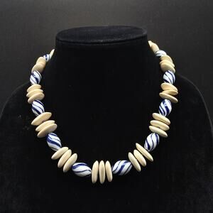 Sterling Silver Blue Glass Beaded Necklace Twisted Beige Seed Beads Vintage